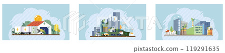 Sustainability concept. Agribusiness, urban sustainability, and renewable energy initiatives are central themes. Ideal for environmental awareness, green urban planning, sustainable agriculture 119291635
