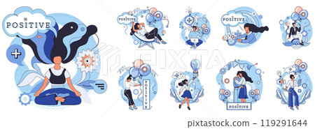 Positive thinking. Various scenes include a person meditating, setting goals, and achieving success. Ideal for personal growth, motivation, mental health, self-improvement, and mindfulness Positive thinking. Various scenes include a person meditating, setting goals, and achieving success. Ideal for personal growth, motivation, mental health, self-improvement, and mindfulness 119291644