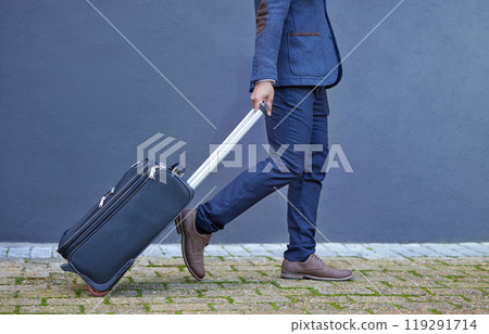 Business man, legs and suitcase in city to airport, employee and work trip for global opportunity. Male person, walking and mockup space for journey, luggage and travel or immigration for career 119291714