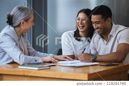 Consultant, paperwork and married couple in office, meeting and life insurance broker for future investment. Advisor, client and signing for safety or security, happy people and assurance or contract Consultant, paperwork and married couple in office, meeting and life insurance broker for future investment. Advisor, client and signing for safety or security, happy people and assurance or contract 119291740