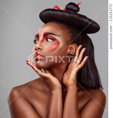 Black woman, fashion and geisha makeup in studio for art, confidence or thinking on gray background. African female person, hands and Japanese style for glamour, attraction and elegance or cosmetics 119291772