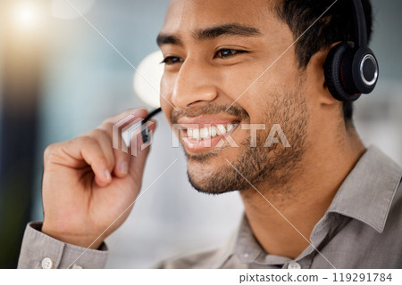 Man, call center or customer service with headphone consultant for insurance, online sales and telemarketing. Office, smile and talking on headsets for contact us, communication and virtual support Man, call center or customer service with headphone consultant for insurance, online sales and telemarketing. Office, smile and talking on headsets for contact us, communication and virtual support 119291784
