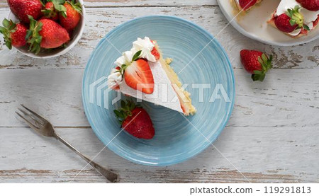 Aerial view of strawberry shortcake on a plate Aerial view of strawberry shortcake on a plate 119291813