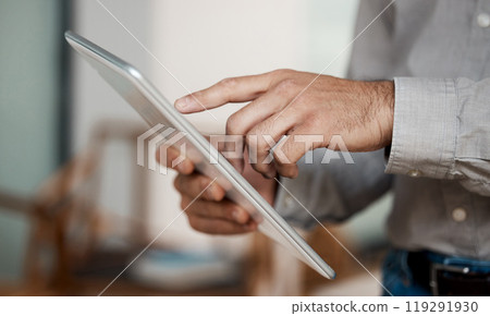 Hands, tablet and businessman in office for research with financial policy review for inflation. Scroll, professional and finance advisor working on startup budget planning with digital technology. Hands, tablet and businessman in office for research with financial policy review for inflation. Scroll, professional and finance advisor working on startup budget planning with digital technology. 119291930