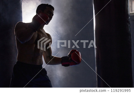 Boxer, silhouette and punching bag for workout, fitness and training for exercise. Man, gym and sport for health, wellness and self defense practice with cardio and martial arts for muscle power Boxer, silhouette and punching bag for workout, fitness and training for exercise. Man, gym and sport for health, wellness and self defense practice with cardio and martial arts for muscle power 119291995
