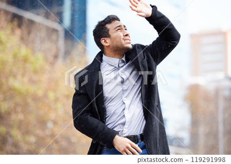 Business man, rain and stress in street with no cover, thinking and commute to job in metro city. Person, outdoor and surprise with storm on road, sidewalk and stop water drops with hand in winter Business man, rain and stress in street with no cover, thinking and commute to job in metro city. Person, outdoor and surprise with storm on road, sidewalk and stop water drops with hand in winter 119291998