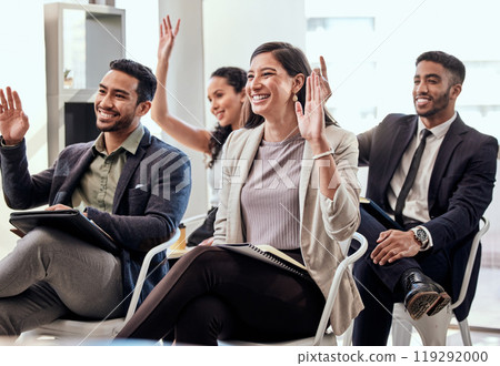 Business, people and smile with question in office at meeting, presentation or workshop as accountant. Hand, answer and happy with training as volunteer for career development or audience vote Business, people and smile with question in office at meeting, presentation or workshop as accountant. Hand, answer and happy with training as volunteer for career development or audience vote 119292000