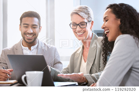 Happy, meeting or business people with laptop in office for design, collaboration or laugh at logo with funny meme. Startup, training or mature mentor with creative team for social media, gif or joke 119292020