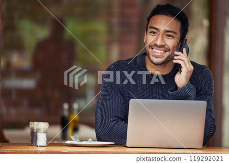 Man, phone call and laptop in coffee shop for remote work with smile, contact or negotiation with media agency. Writer, computer and smartphone for story, chat or freelance copywriting in cafeteria 119292021