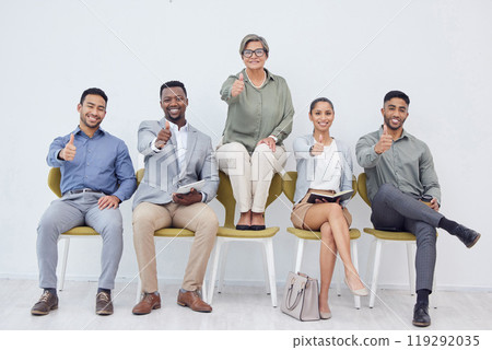 Mature woman, group and thumbs up for recruitment, selection or job opportunity with technology and notebook. Diversity, people and candidates in business, corporate or hiring for employment contract Mature woman, group and thumbs up for recruitment, selection or job opportunity with technology and notebook. Diversity, people and candidates in business, corporate or hiring for employment contract 119292035