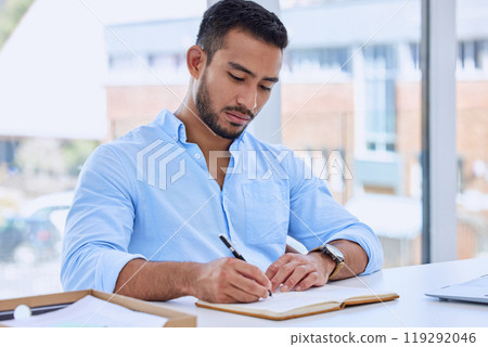 Man, writing and book for ideas at startup with notes, schedule or problem solving for solution. Entrepreneur, thinking and notebook for creativity, planning and reminder at creative media agency 119292046