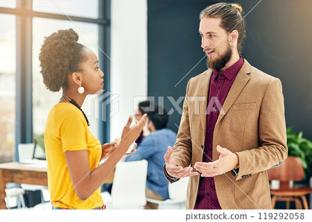 Creative, ideas and people in discussion or meeting for brainstorming, review and partnership. Talking, staff or designers speaking of teamwork, startup and planning in conversation for project brief 119292058