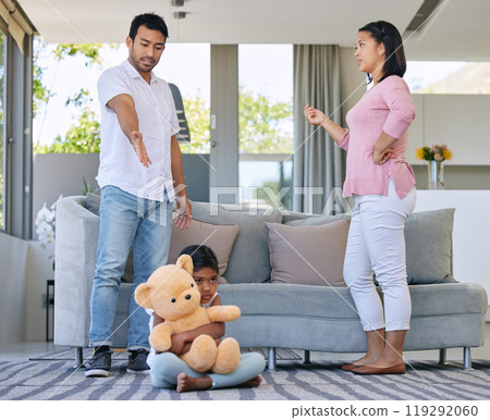 Parents, conflict and child with bear, anxiety and hug for support and comfort in family home. Mother, father and fight for divorce, stress and depressed girl with mental health problem in apartment Parents, conflict and child with bear, anxiety and hug for support and comfort in family home. Mother, father and fight for divorce, stress and depressed girl with mental health problem in apartment 119292060