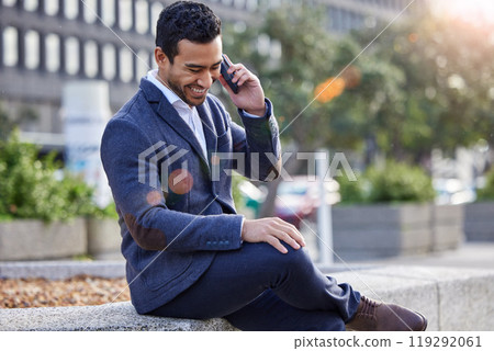 Businessman, smartphone and conversation in city with flare for communication, networking and good news. Male person, talking and calling client with smile for sales, b2b and deal negotiation Businessman, smartphone and conversation in city with flare for communication, networking and good news. Male person, talking and calling client with smile for sales, b2b and deal negotiation 119292061