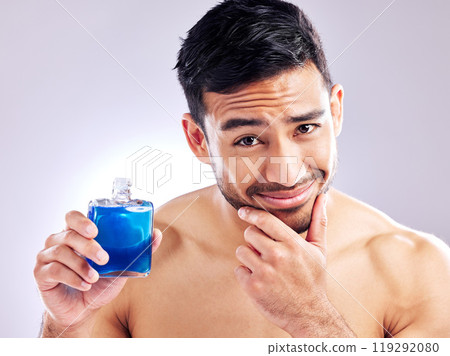 Guy, smile and aftershave for face, grooming and beard for beauty and aesthetic wellness for healthy skin on white studio background. Happy, man and model for facial hair or portrait and cosmetics 119292080