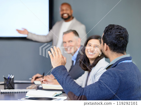 Business, man and hand for question in meeting with presentation, discussion or training with corporate. People, team and faq for management in office, workshop or coaching for company strategy Business, man and hand for question in meeting with presentation, discussion or training with corporate. People, team and faq for management in office, workshop or coaching for company strategy 119292101
