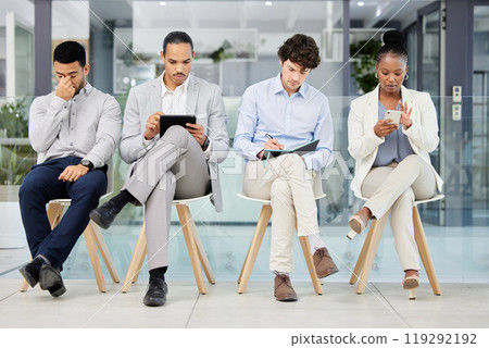 Business people, interview and waiting room with hiring opportunity, patience for assessment or application for employment. Human resources, meeting and recruitment process at company with onboarding 119292192