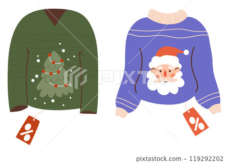 Christmas ugly sweater with Santa Claus and Xmas tree with price tags. New Year shopping sale. Isolated festive clothes on white. Vector illustration. Holiday gift symbol. Christmas ugly sweater with Santa Claus and Xmas tree with price tags. New Year shopping sale. Isolated festive clothes on white. Vector illustration. Holiday gift symbol. 119292202