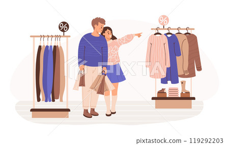 Happy people buyers in store on shopping sale. Guy with packages and cute girl choose clothes on racks of hangers. Vector illustration. Holiday shopper character. Consumerism, purchase concept. Happy people buyers in store on shopping sale. Guy with packages and cute girl choose clothes on racks of hangers. Vector illustration. Holiday shopper character. Consumerism, purchase concept. 119292203