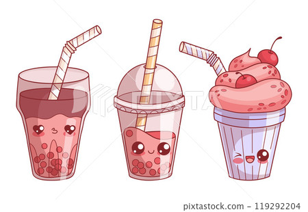 Cute glass of Bubble Tea and milk shake with cream dessert, cherries and straw set. Isolated funny cartoon kawaii character drink. Vector illustration. Cute glass of Bubble Tea and milk shake with cream dessert, cherries and straw set. Isolated funny cartoon kawaii character drink. Vector illustration. 119292204