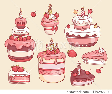 Holiday Cakes Collection. Multi-tiered festive dessert with icing, strawberries and candles, cupcake, pieces of fruit and chocolate cake with cherries. Isolated Sweet food. Vector illustration. Holiday Cakes Collection. Multi-tiered festive dessert with icing, strawberries and candles, cupcake, pieces of fruit and chocolate cake with cherries. Isolated Sweet food. Vector illustration. 119292205
