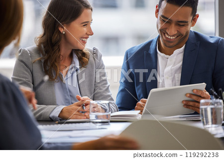 Woman, man and partnership on tablet, paperwork or contract in office with deal negotiation. Lawyer, accountant and touchscreen with documents for decision, feedback and app for investment at agency 119292238