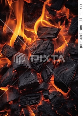 Charcoal burning in flames and fire. Top view composition. Ai generative 119292343