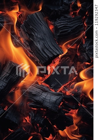 Charcoal burning in flames and fire. Top view composition. Ai generative Charcoal burning in flames and fire. Top view composition. Ai generative 119292347