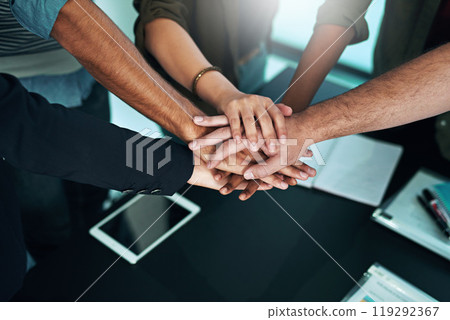 Group, hands and join us for teamwork collaboration in business, project or sign of commitment. People, meeting and team building a connection in office with community, cooperation or support 119292367
