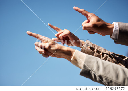 Recruitment, blue sky and business people hand pointing to company deal, opportunity or we are hiring offer. Direction, forward and team with solidarity, partnership or finger suggestion for next Recruitment, blue sky and business people hand pointing to company deal, opportunity or we are hiring offer. Direction, forward and team with solidarity, partnership or finger suggestion for next 119292372