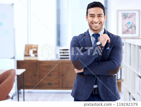 Portrait, business and man confident in office, legal advisor and happy in law firm for corporate company. Attorney, professional and proud consultant for advice or dispute, workplace and expert 119292379
