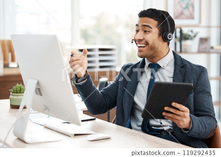 Man, consultant and happy in call centre with computer, crm and telemarketing or agent with tech. Support, help desk and employee or headset for online communication job, searching faq on internet 119292435