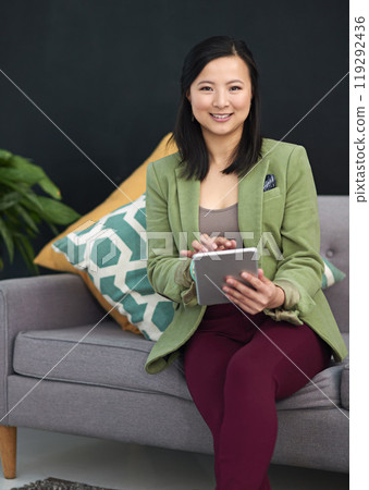 Creative, portrait and asian woman with tablet for brainstorming ideas, planning and research. Marketing project, female employee or graphic designer as career, technology and online in office 119292436