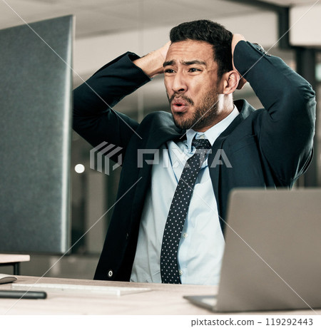 Frustrated businessman, computer and trader with stock market crash, debt or bankruptcy at office. Upset man, broker or investor with mistake, stress or anxiety for financial crisis or loss at desk Frustrated businessman, computer and trader with stock market crash, debt or bankruptcy at office. Upset man, broker or investor with mistake, stress or anxiety for financial crisis or loss at desk 119292443