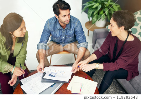 Business people, meeting and paperwork or creative problem solving as interior design, floor plan or project. Man, women and talking in office with color swatch or proposal research, teamwork or idea Business people, meeting and paperwork or creative problem solving as interior design, floor plan or project. Man, women and talking in office with color swatch or proposal research, teamwork or idea 119292548