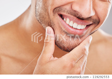 Man, jaw and skincare for face, grooming and beard for beauty and aesthetic wellness with healthy skin on studio background. Closeup, guy and model for facial hair and dermatology, body and cosmetics 119292553