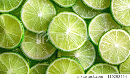 A collection of freshly sliced limes displays their juicy, vibrant green interiors. The limes are arranged in a circular pattern, emphasizing their unique textures and colors. 119292554
