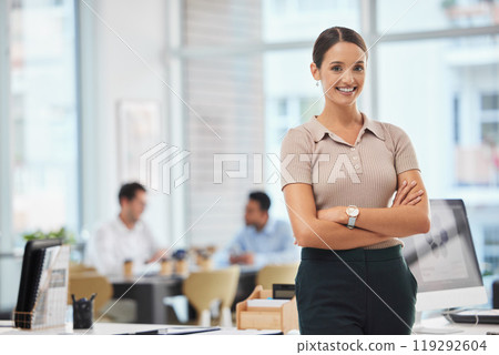 Portrait, business and woman with arms crossed, smile and professional in modern office. Face, people and insurance consultant with career ambition, claim analyst and policy agent with confidence 119292604