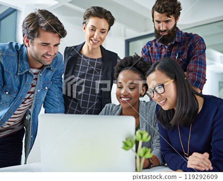 People, office and happy with laptop for teamwork, collaboration and employee training. Smile, support and learning as graphic designer for career growth, progress and online research with results People, office and happy with laptop for teamwork, collaboration and employee training. Smile, support and learning as graphic designer for career growth, progress and online research with results 119292609