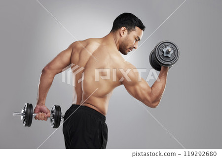 Asian man, dumbbell and weightlifting or strong arms on studio grey background, biceps or athlete. Male person, bodybuilder and muscle exercise with workout confidence for sports, warm up or training Asian man, dumbbell and weightlifting or strong arms on studio grey background, biceps or athlete. Male person, bodybuilder and muscle exercise with workout confidence for sports, warm up or training 119292680