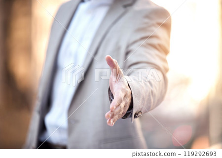City, business meeting or man offer handshake outdoor in collaboration, teamwork or partnership opportunity. Welcome, thank you or entrepreneur pov in shaking hands deal for b2b hiring job interview 119292693