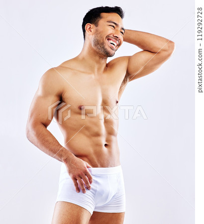 Muscle, man and happy in underwear on studio, white background or bodybuilder mockup. Healthy, athlete and model with abs or training from fitness, exercise and progress from workout at gym aesthetic Muscle, man and happy in underwear on studio, white background or bodybuilder mockup. Healthy, athlete and model with abs or training from fitness, exercise and progress from workout at gym aesthetic 119292728