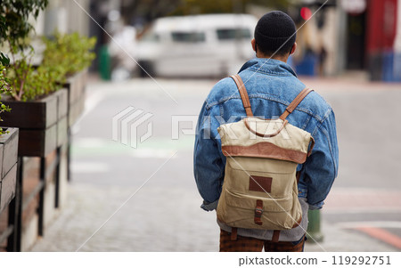 Outdoor, walking and travel of student with backpack in city for education, adventure and journey to class. College, learning and man with bag at campus for scholarship, knowledge and development 119292751