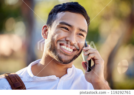 Businessman, phone call and closeup with happiness and communication for justice, advocate for legal with tech. Male lawyer, park and mobile with smile for chat with results, attorney in city Businessman, phone call and closeup with happiness and communication for justice, advocate for legal with tech. Male lawyer, park and mobile with smile for chat with results, attorney in city 119292761