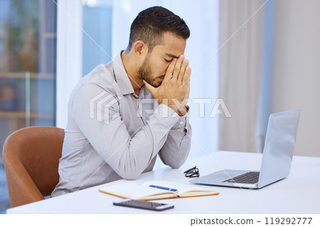 Man, stress and headache with laptop in office for fatigue, deadline or worry for story at media company. Staff writer, editor and journalist with burnout, tired or research for newsletter at startup Man, stress and headache with laptop in office for fatigue, deadline or worry for story at media company. Staff writer, editor and journalist with burnout, tired or research for newsletter at startup 119292777