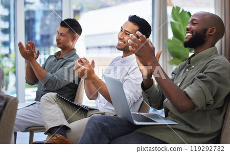 Business people, presentation and happy crowd with applause for support, motivation and training success. Workshop, celebration and excited men audience clapping for sale, target or mission milestone Business people, presentation and happy crowd with applause for support, motivation and training success. Workshop, celebration and excited men audience clapping for sale, target or mission milestone 119292782