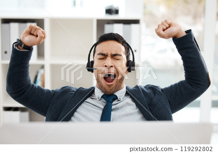 Man, call centre and tired with office agent, crm and telemarketing and exhausted with sales consultant. Fatigue, customer support and employee with headset on job, burnout and stretching or lazy 119292802
