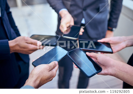 Hands, cellphone and business people in city for connection, networking and collaboration. Teamwork, corporate workers and technology in workplace for internet, support and international company 119292805