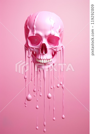 Human skull with dripping pink paint. Generative Ai 119292809