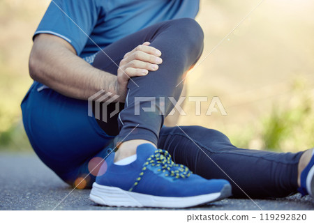 Man, runner or athlete outdoor with leg injury for pain, accident and inflammation post workout. Male person, fitness or exercise in nature with muscle sprain for medical emergency and first aid Man, runner or athlete outdoor with leg injury for pain, accident and inflammation post workout. Male person, fitness or exercise in nature with muscle sprain for medical emergency and first aid 119292820